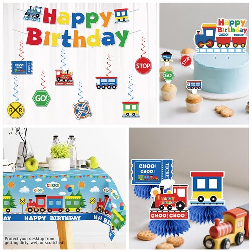 201 Pcs Train Birthday Decorations Train Plates and Napkins Birthday Party Supplies Banner Hanging Swirls Honeycomb Centerpieces Train Table Toppers Train Themed Party Decorations for Birthday