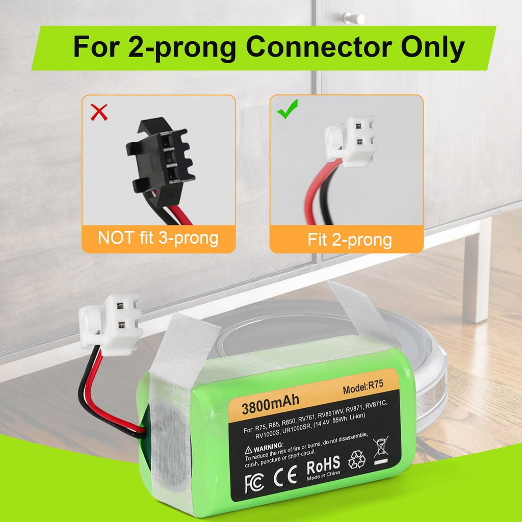 Topwowe Replacement RVBAT850 Battery (3800mAh, 2-Prong Connector) Compatible with Shark Ion R75, R85, RV761, RV850C, RV1000S, RV700_N, RV720_N, UR1000SR