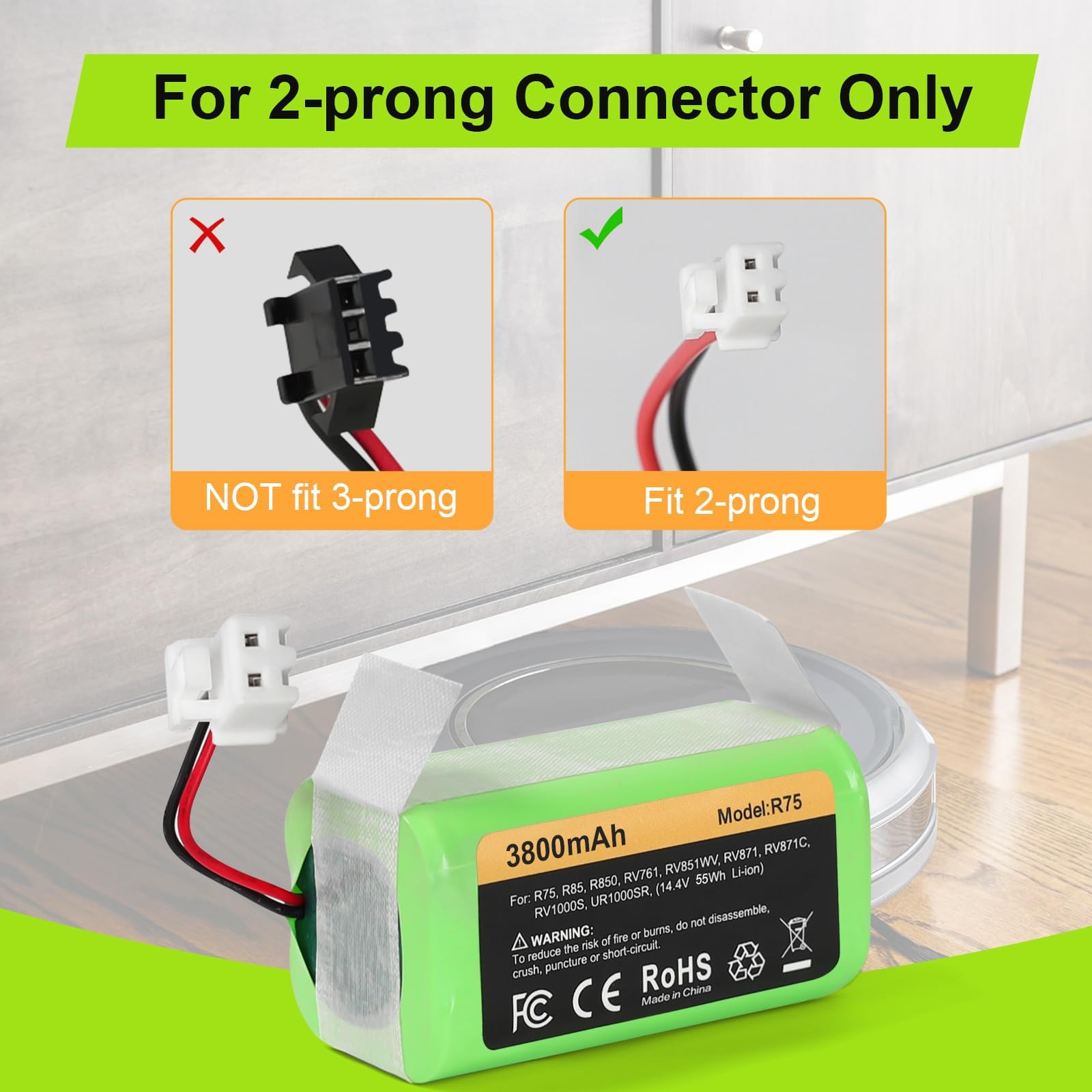 Topwowe Replacement RVBAT850 Battery (3800mAh, 2-Prong Connector) Compatible with Shark Ion R75, R85, RV761, RV850C, RV1000S, RV700_N, RV720_N, UR1000SR