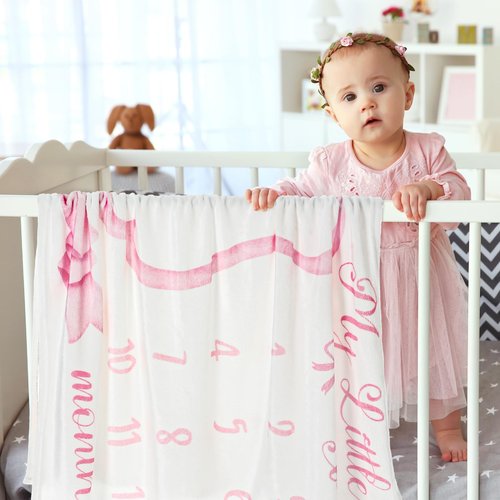 Mindsoft Trendy Pink Bow Coquette Baby Milestone Blanket Coquette Flannel Blanket Newborn Infant Swaddle Growth Baby Frame for Boys Girls Nursery (Bow, Pink)