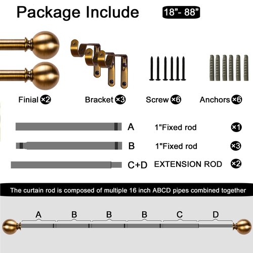 WORLD RODS Brass Curtain Rods for Windows 18 to 88 inches, 1 Inch Modern Metal Drapery Rods, Adjustable Heavy Duty Curtain Pole with Round Finials(18"-88"Antique Brass)