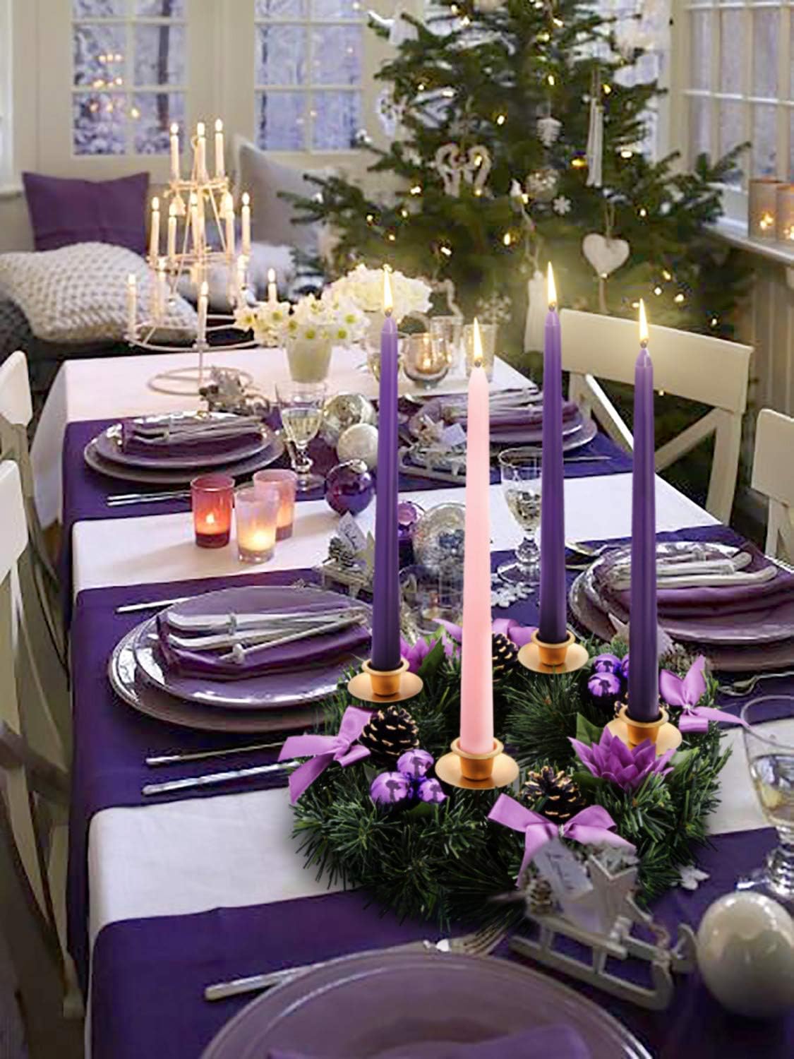Purple Ribbon Christmas Advent Wreath - Festive Centerpiece Candle Holder for Advent Season