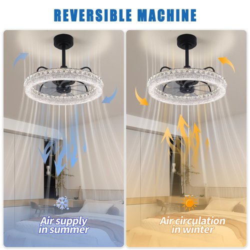 Hrtghzir 19.88" Ceiling Fans with Lights and Remote, Modern Crystal Chandelier Quiet Ceiling Fans, 3000K-6500K Smart Blade LED Fan Light, Modern Ceiling Fan with Lights for Bedroom, Black