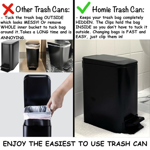 Homie Slim Trash Can - 6 Liter Soft Close Design with Anti-Bag Slip Liner | Matte Black for Bathroom, Kitchen, or Bedroom