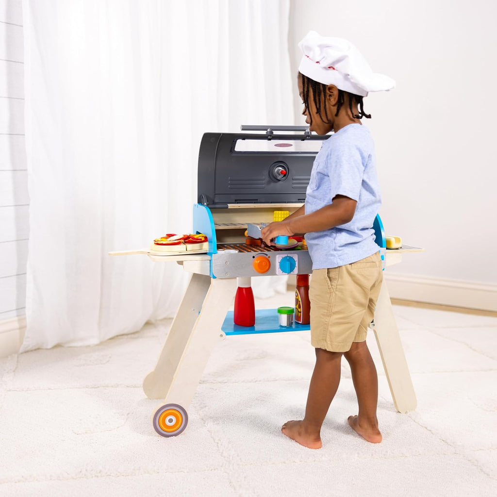 Melissa & Doug Deluxe Wooden Barbecue Grill & Smoker | Kids Play Kitchen Set with Toy Food - FSC Certified