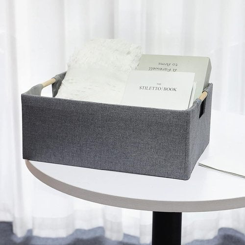 Fabric Storage Bin 3-Pack | Foldable Cotton Linen Baskets with Wooden Handles - Small Gray