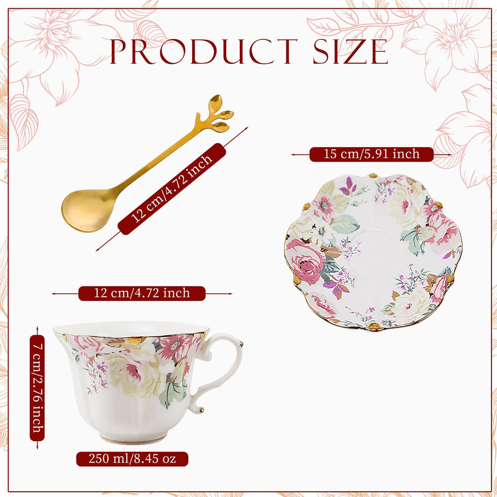 TATSUMI Country Roses 18 Peices Bone China Tea Cup And Saucer Set, English Vintage Tea Cups Of 6 For Women And Tea Party Sets(Pink,6 sets)