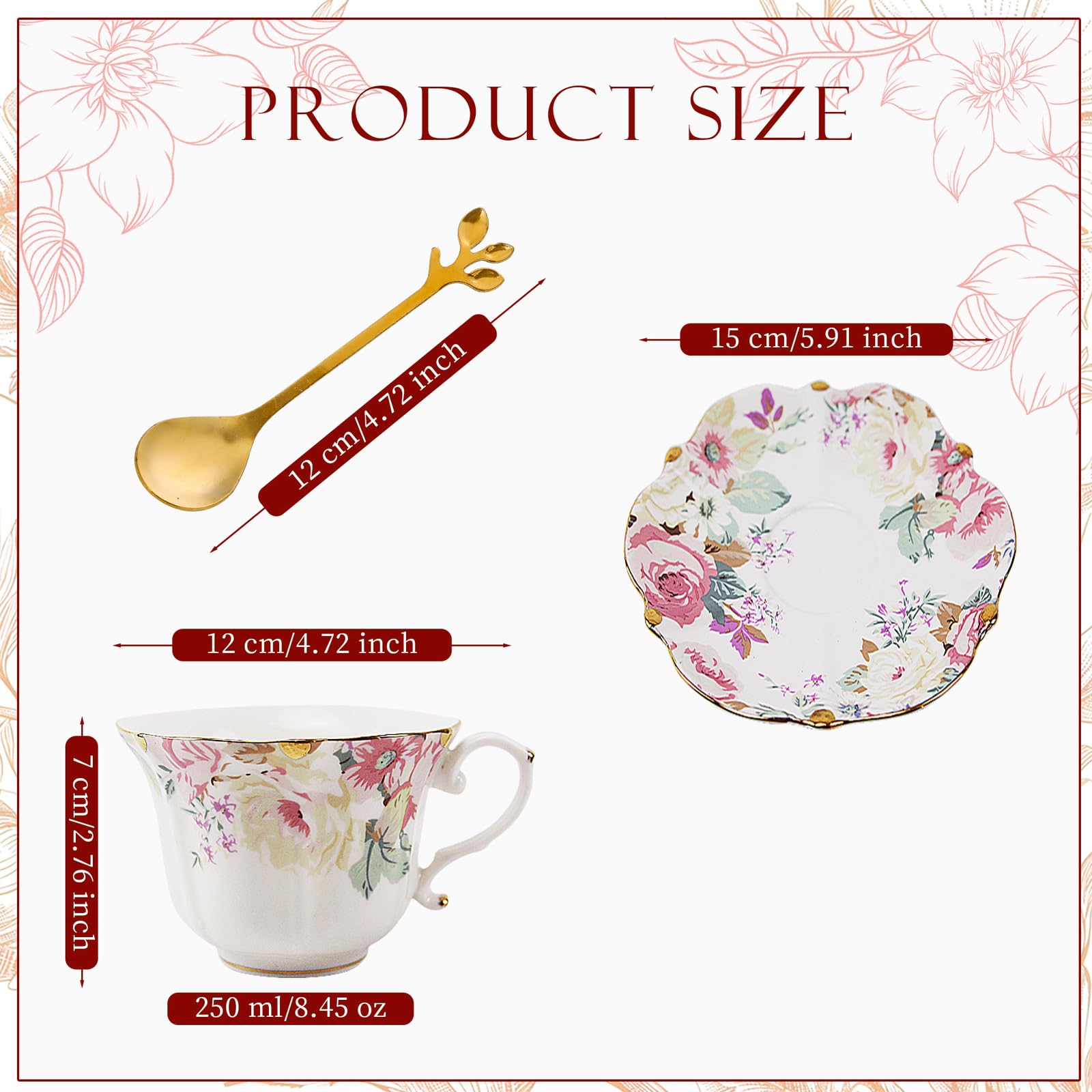TATSUMI Country Roses 18 Peices Bone China Tea Cup And Saucer Set, English Vintage Tea Cups Of 6 For Women And Tea Party Sets(Pink,6 sets)