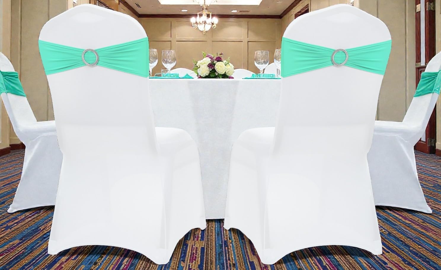 MDS Spandex Chair Sashes - Pack of 150 Elastic Stretch Bows with Buckle Slider | Sea Green