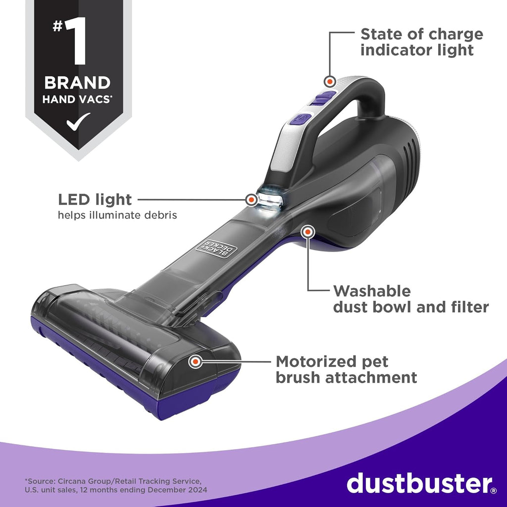 BLACK+DECKER Dustbuster Pet Hair Vacuum - Cordless Handheld with Powerful Suction & LED Light | Includes Pet Brush & Crevice Tool