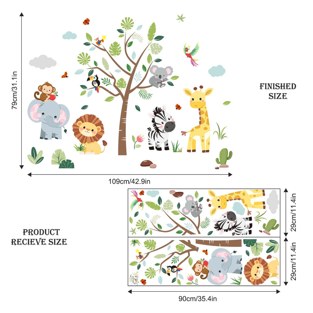 Supzone Jungle Animals Tree Wall Decals Safari Elephant Giraffe Lion Zebra Wall Stickers for Kids Toddlers Bedroom Living Room Baby Nursery Wall Decor