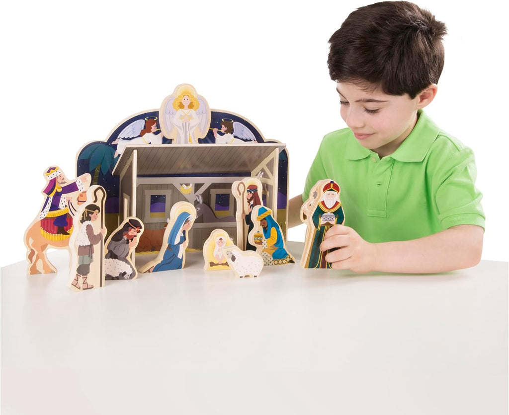 Melissa & Doug Classic Wooden Nativity Set - 11 Figures with 4-Piece Stable for Holiday Decor