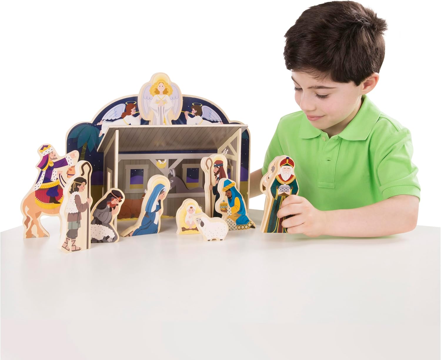 Melissa & Doug Classic Wooden Nativity Set - 11 Figures with 4-Piece Stable for Holiday Decor