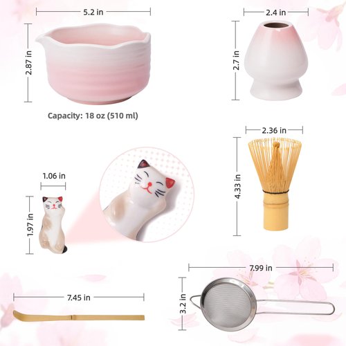 ECOLEMON Pink Matcha Kit, 6-Pcs Matcha Whisk Set, Valentines Day Gifts for Her, Matcha Bowl with Spout(18 OZ) & Macha Whisk and Holder, Matcha Bowl and Whisk set, Matcha Gifts, Women Birthday Unique