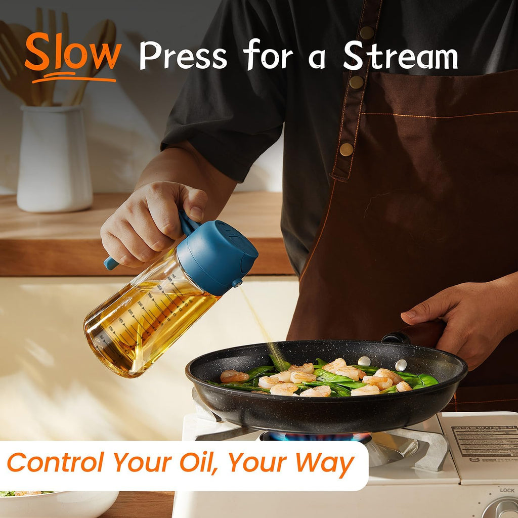 TrendPlain 16oz Glass Olive Oil Sprayer - 2-in-1 Dispenser for Cooking & BBQ - Black & Navy