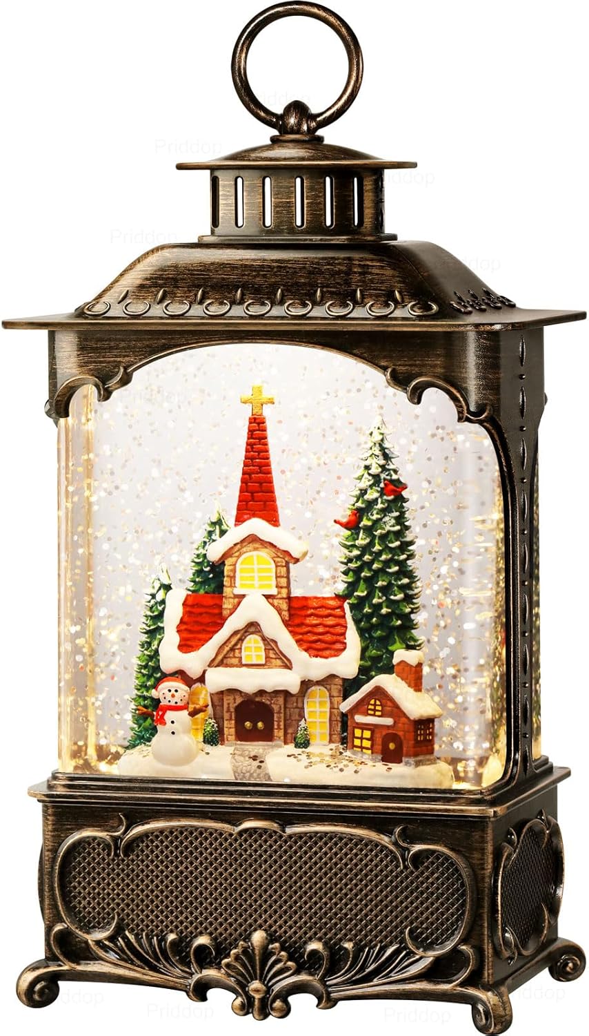 Priddop Church Snow Globe | Christmas Decorations with Snowman & Cardinal | 10.2-Inch Musical Lantern