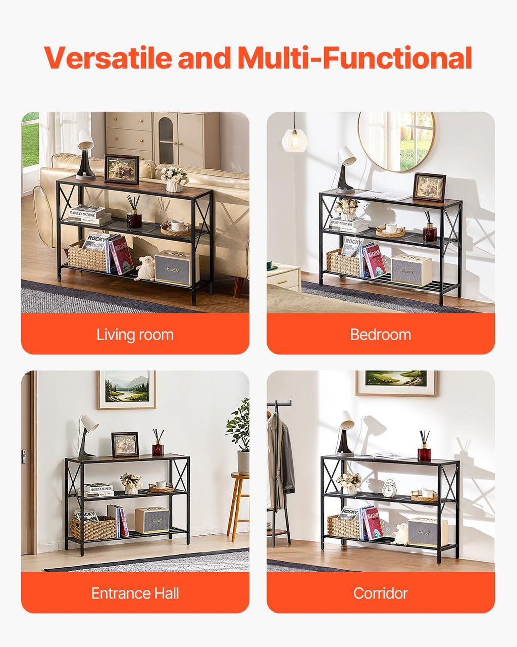 VEVOR Narrow Console Table, 41.7 Inch Entryway Table, 3-Tier Hallway Table, Sofa Table with Metal Frame, Console Tables for Entryway, Hallway, Living Room & Bedroom