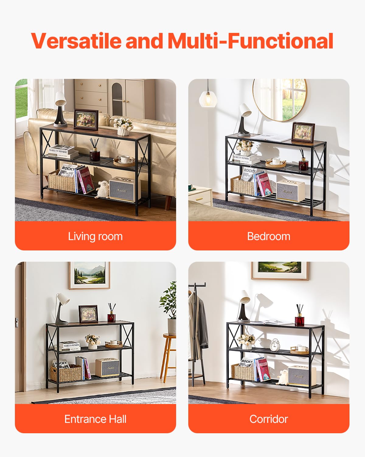 VEVOR Narrow Console Table, 41.7 Inch Entryway Table, 3-Tier Hallway Table, Sofa Table with Metal Frame, Console Tables for Entryway, Hallway, Living Room & Bedroom