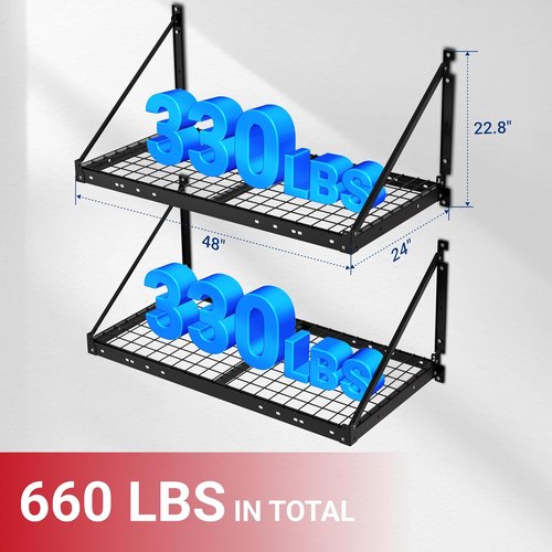 FLEXIMOUNTS 2-Pack Garage Wall Shelving | Heavy-Duty 2x4ft Storage Rack with 660lbs Capacity & Brace Guardrail