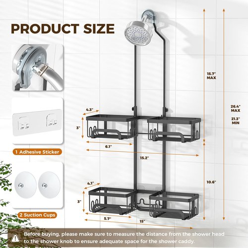 REINHARDT Shower Caddy Hanging for Handheld Showerheads Adjustable Split Shower Caddy, Rustproof Shower Organizer with Hooks for Razors Over the Head Caddy with Soap Holder Bathroom Accessories, Black
