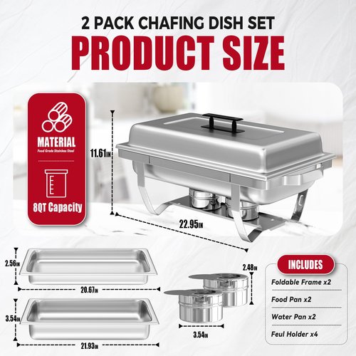 IMACONE Chafing Dish Buffet Set of 2, 8QT Stainless Steel Rectangular Chafers and Buffet Warmer Sets for Catering, with Food & Water Pan, Lid, Foldable Frame, Fuel Holder for Event Party Holiday