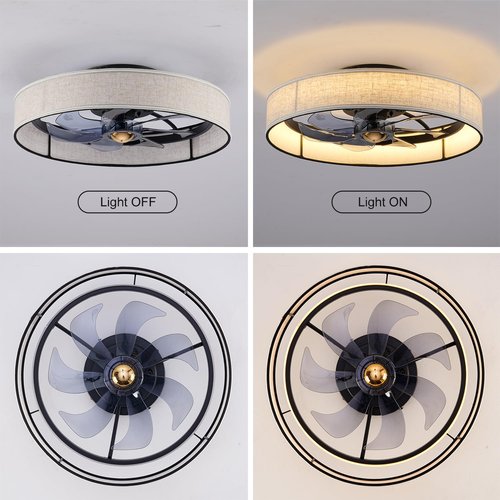 19.6" Low Profile Caged Ceiling Fan with Light and Remote,Flush Mount Smart Fandelier, 6 Speed Settings, Adjustable 3000K-6500K LED, Bladeless Fabric Design, Modern Farmhouse Ceiling Fans for Bedroom