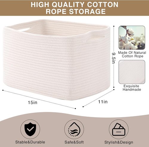 ICERZCZ Storage Baskets - Woven Cotton Rope Organizers for Nursery & Home | 15"x11"x9.5", Off White, 3 Pack