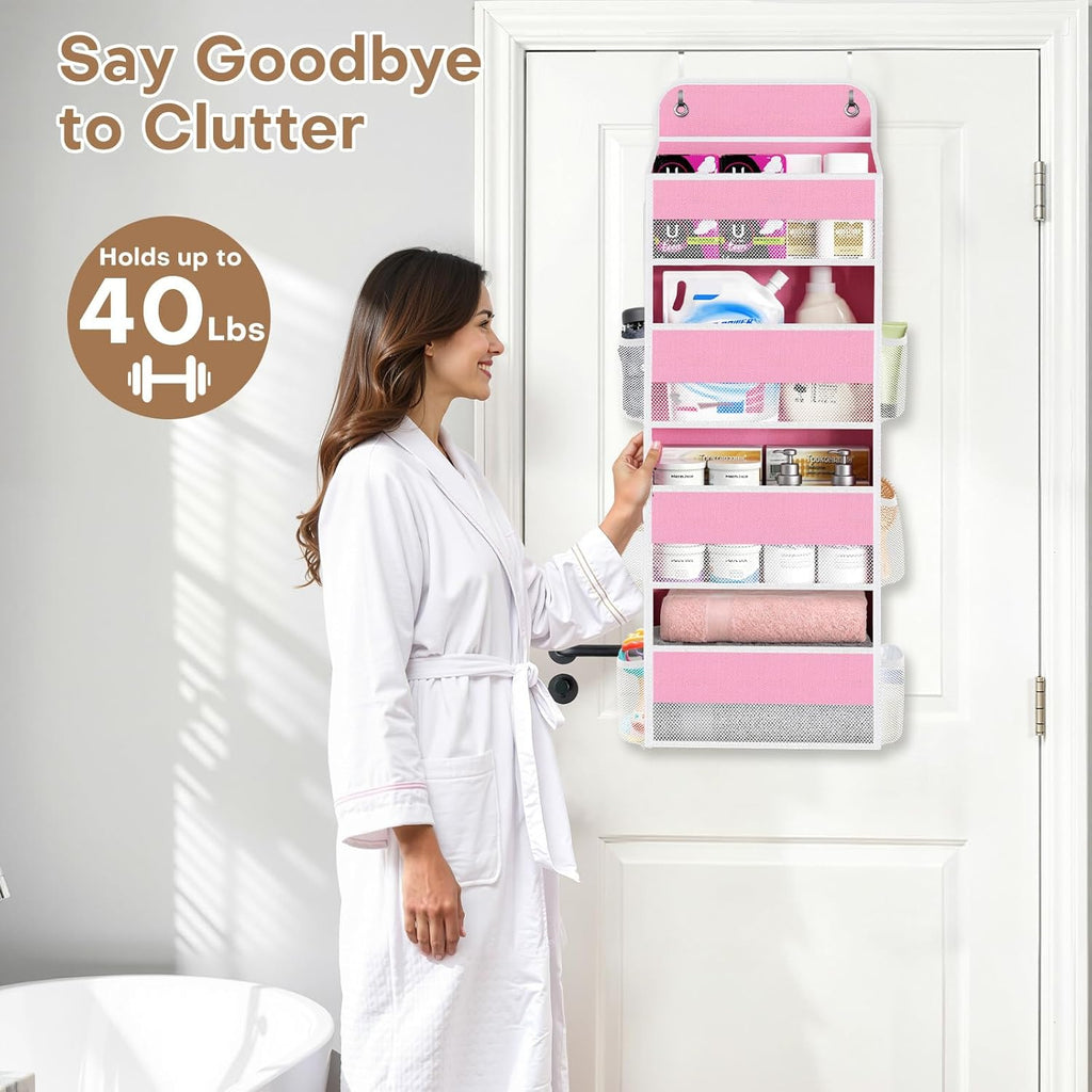 SpaceWhisper Over The Door Organizer - 4 Large Pocket Hanging Storage for Nursery, Bathroom & Closet (Pink)