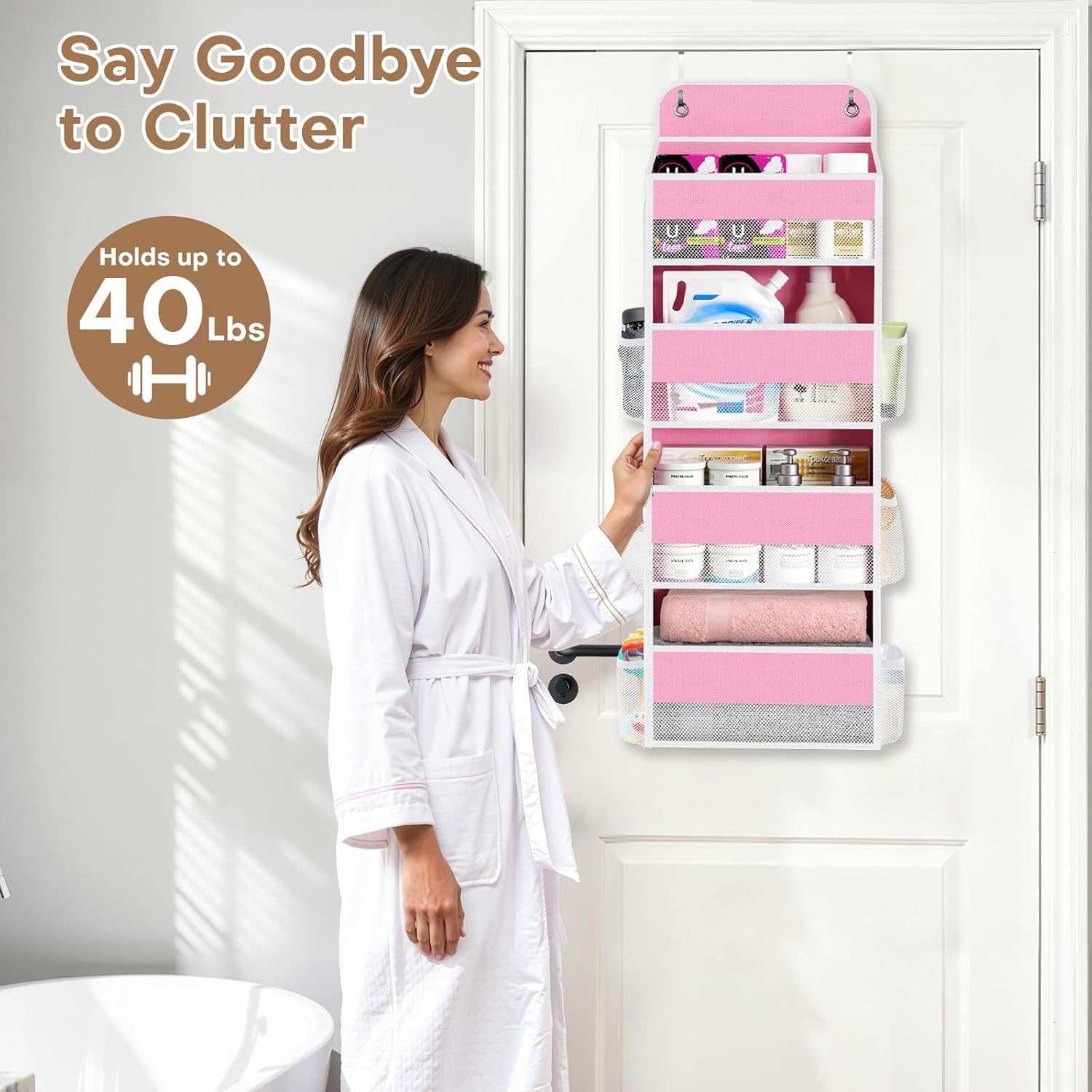 SpaceWhisper Over The Door Organizer - 4 Large Pocket Hanging Storage for Nursery, Bathroom & Closet (Pink)