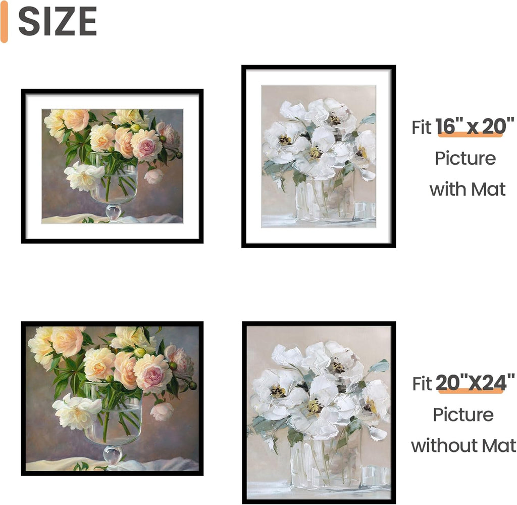 Upsimples 20x24 Picture Frame - Versatile Display for 16x20 Photos with Mat or 20x24 Without - Black, 1 Pack