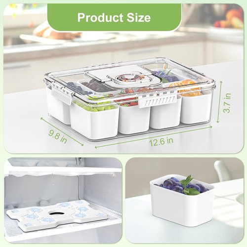 Locliki Chilled Snackle Box Container with Ice Pack, Charcoolerie Chilled Portable Serving Tray with Lid and Handle， 8 Compartment Snack Container for Charcuterie Snack Road Trip Picnic Keep Fresh