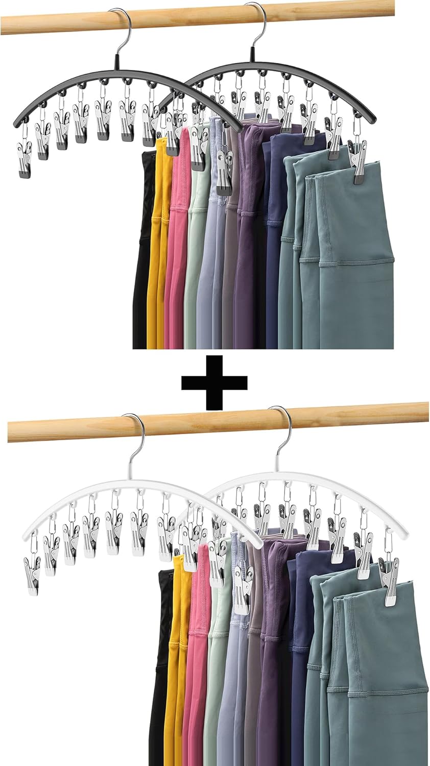 Skiennix Legging Organizer - Metal Yoga Pants Hangers, 4 Pack with 10 Clips, Space-Saving Design, Black & White