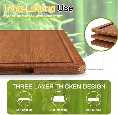 Homaxy Bamboo Cutting Board Set - 3 Wooden Boards with Non-Slip Mats & Deep Juice Groove | Ideal for Meat, Fruits & Vegetables