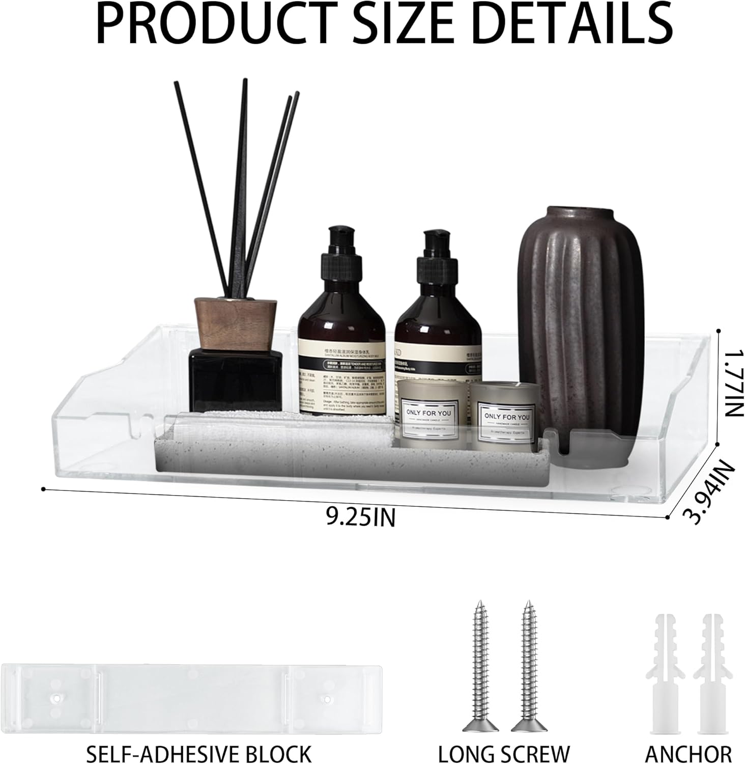 Skiennix Acrylic Wall Shelves - Clear Floating Shelf for Bathroom & Living Room | Easy Adhesive or Screw Installation