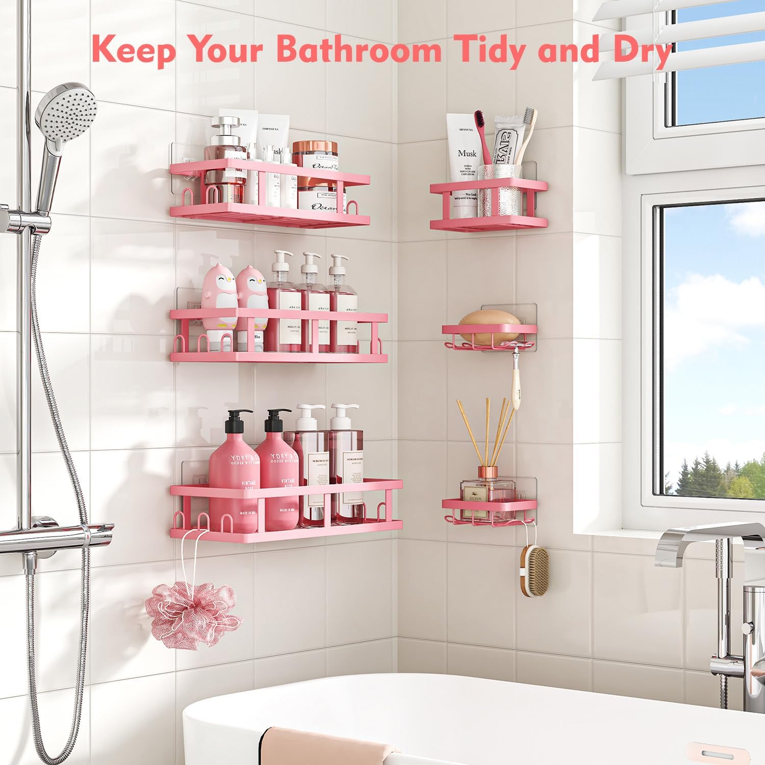 Youvip Shower Caddy - Adhesive No-Drill Shelves with Soap Holder | Large Capacity Pink Bathroom Decor