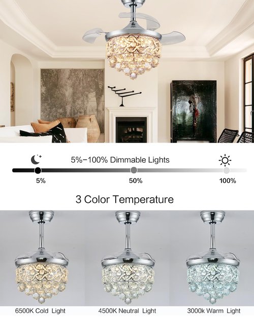 Fejanical 30" Dimmable fandelier Ceiling Fan with Light, Retractable Chandeliers Ceiling Fans with Lights, Crystal Fandeliers with Lights and Remote for Bedroom Living Room, Chrome