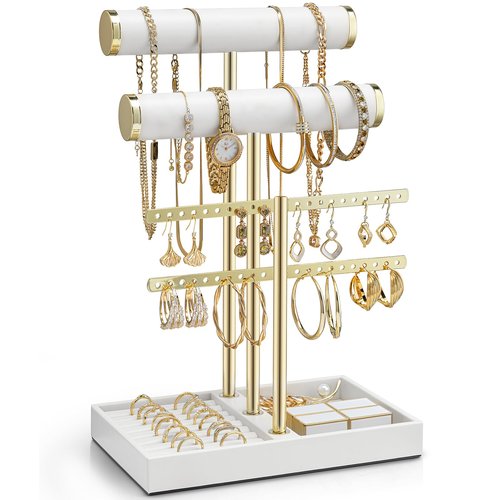 Vlando 3 Tier Necklace Holder Organizer with Tray, Leather Bracelet Holder Display for Women, Gold Jewelry Stand for Bracelet, Necklace, Earrings, Rings - White