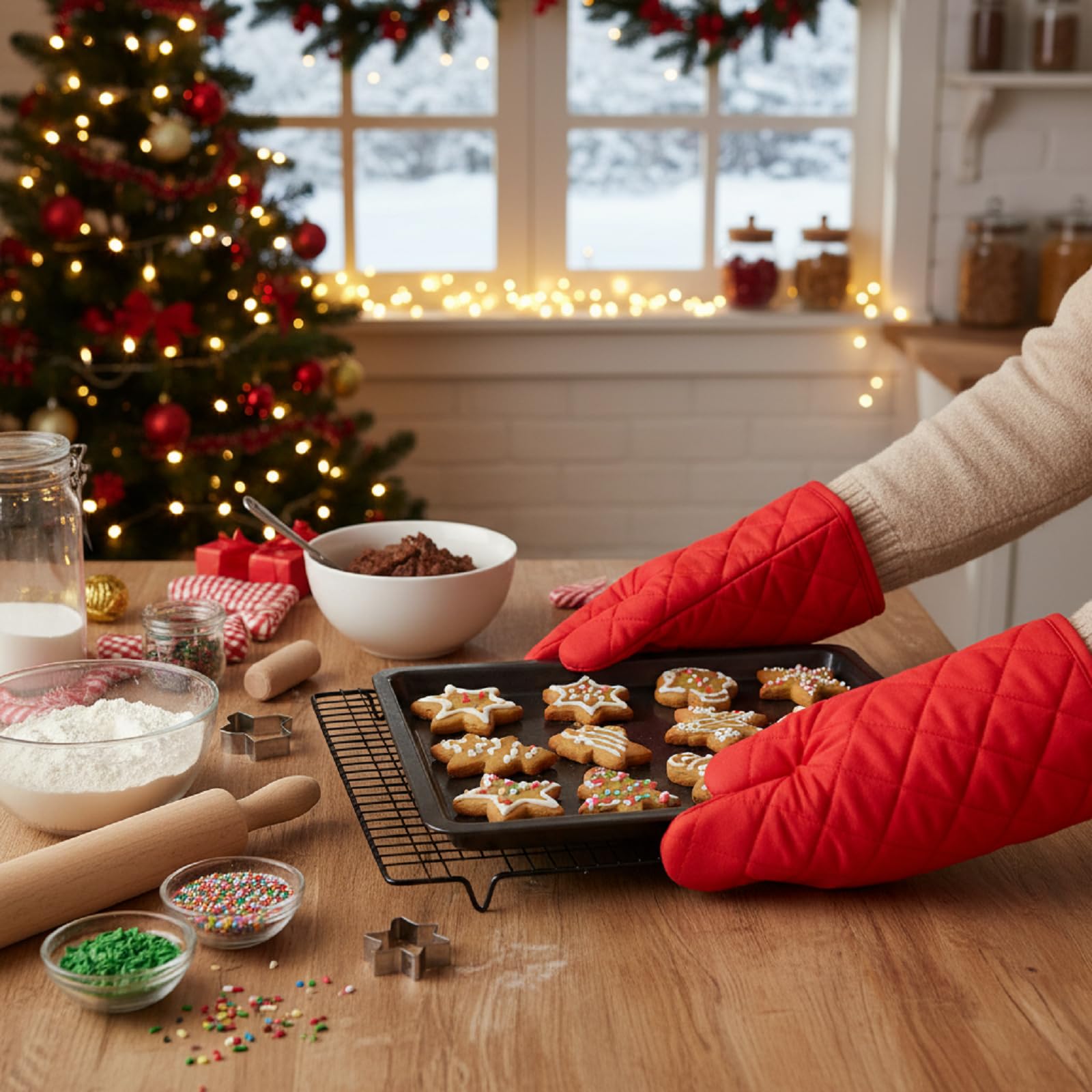 Dandat 16 Pairs Oven Mitts Quilted Terry Cloth Lining Extra Long Heat Resistant Kitchen Glove Christmas Cotton Microwave Baking Glove for Reliable Flexible Cooking Grille BBQ, 11 Inch, 8 Colors