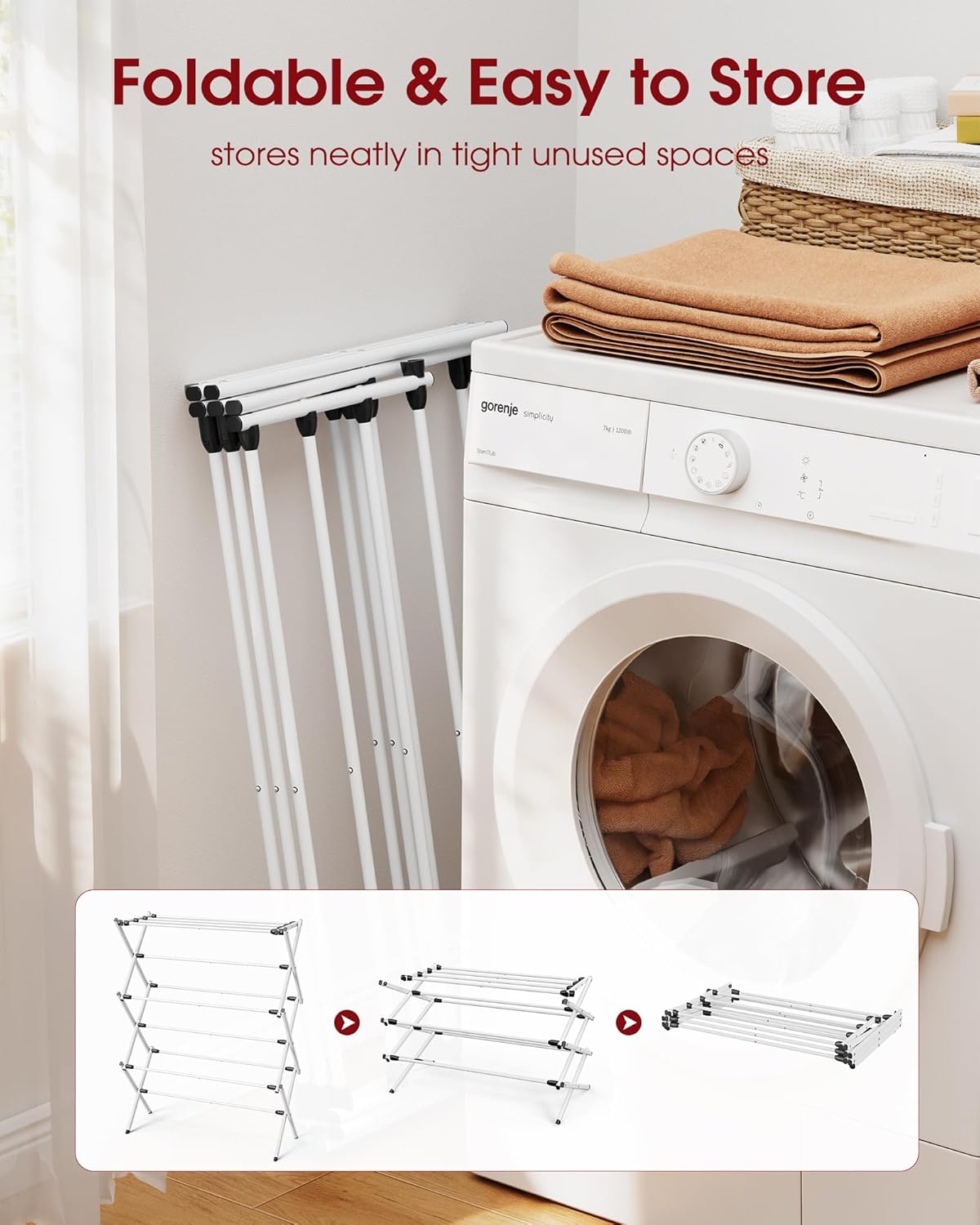 Sakugi Foldable Clothes Drying Rack - Space-Saving 3-Tier Metal Laundry Rack for Indoor & Outdoor Use | 11.4"D x 29.1"W x 37.4"H, White & Black