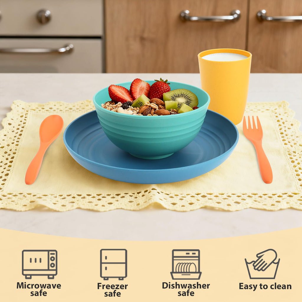Perlapoc Wheat Straw Dinnerware Sets, 20 PCS Service for 4, Dishwasher & Microwave Safe Kids Plates and Bowls Sets, Unbreakable Lightweight Outdoor Camping Dishes - Multicolor