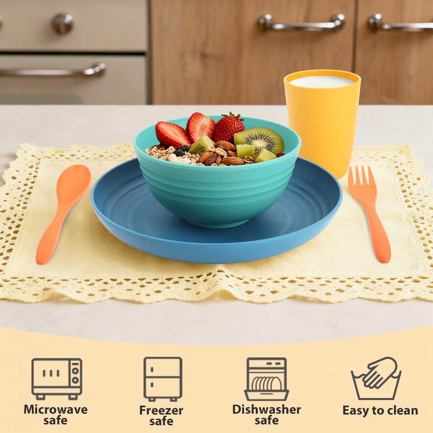 Perlapoc Wheat Straw Dinnerware Sets, 20 PCS Service for 4, Dishwasher & Microwave Safe Kids Plates and Bowls Sets, Unbreakable Lightweight Outdoor Camping Dishes - Multicolor