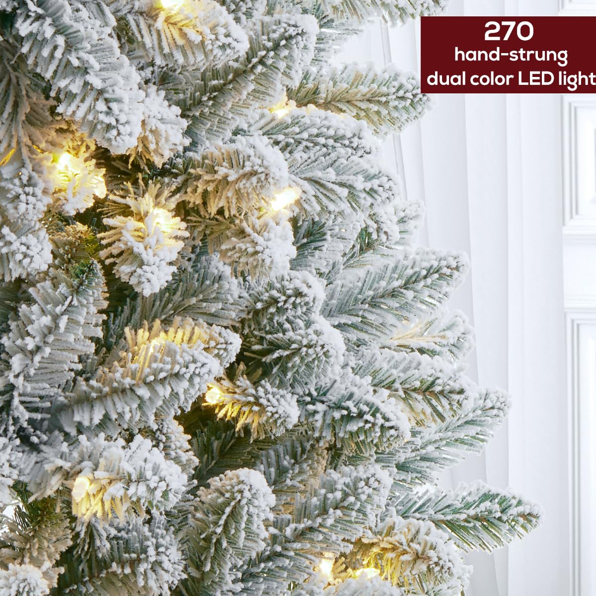 6.5 FT Pre-lit Snow Flocked Christmas Tree Spruce with Remote Control, 270 Warm White Multi-Color Changing LED Lights, Artificial Hinged/Feel Real/Realistic for Home, Dual Color LED