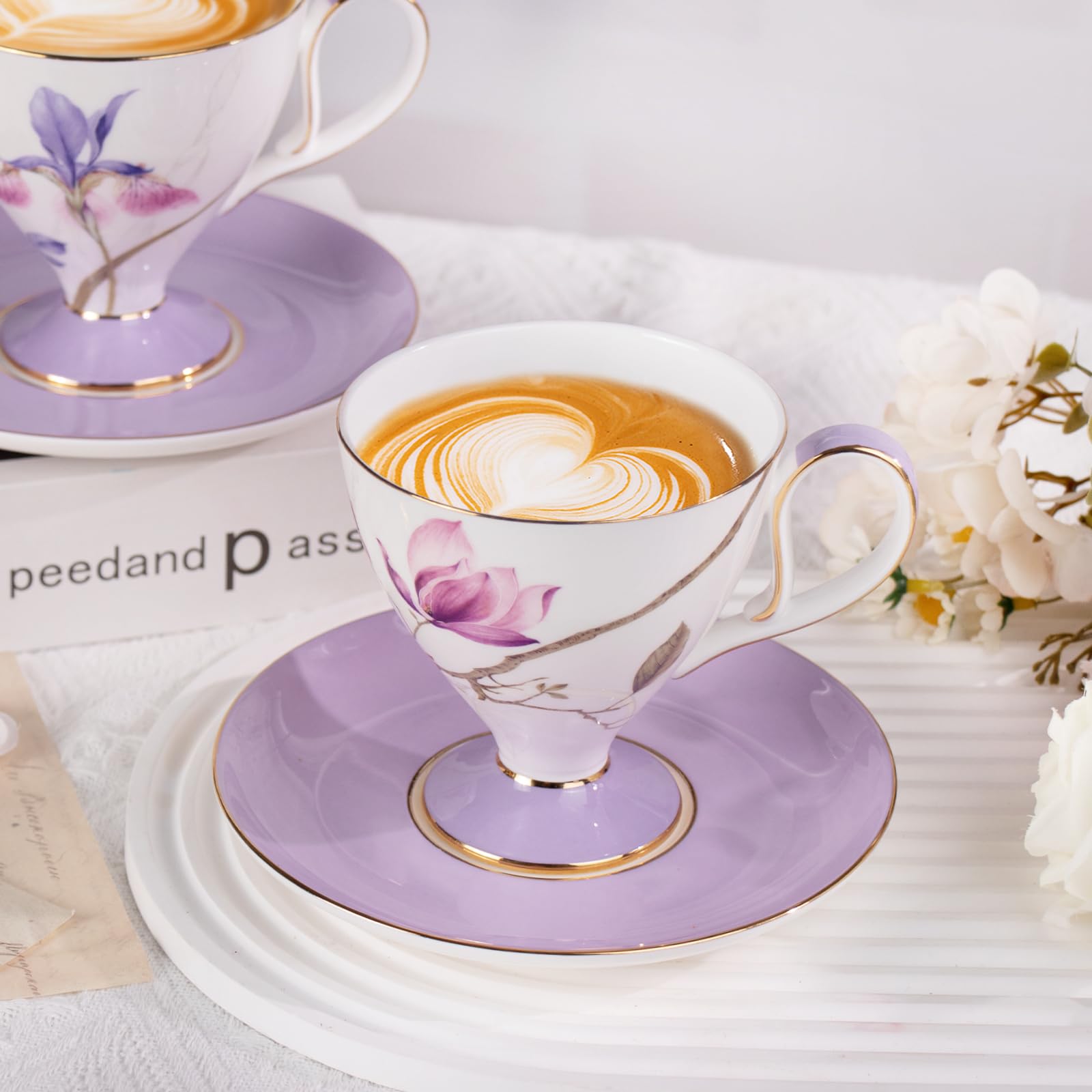 KAMMAK Ceramic Coffee Cups Saucers Set of 2, Porcelain Espresso Cups with Saucers, 8.12 oz Handcrafted Elegant Bone China Tea Cups, Purple Hibiscus & Iris Flower Pattern Teacup for Party, Office, Gift