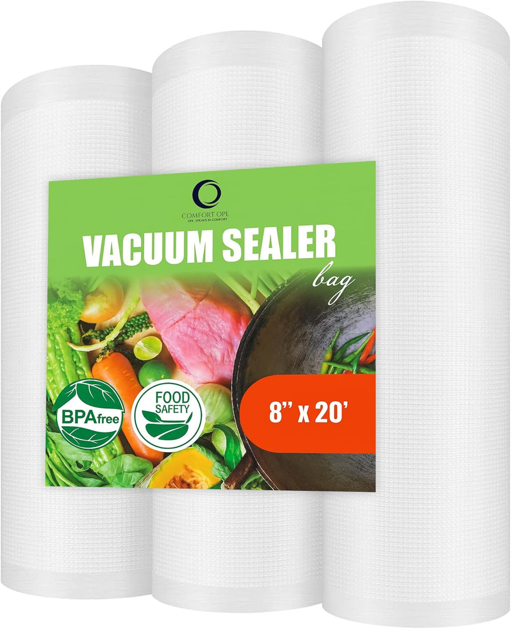 Premium Vacuum Sealer Bag Rolls - Custom Cut Food Storage for Freshness & Meal Prep - 3 Pack (8"x20')