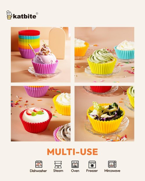 Katbite Silicone Cupcake Liners - 24 Pack Non-Stick Heavy Duty Muffin Molds | Perfect for Parties & Baking, Multicolor