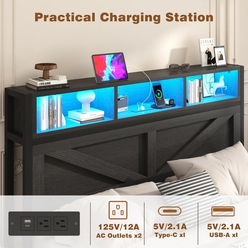 Incyneva Queen Bed Frame - Farmhouse Style with Bookcase Headboard, Charging Station & LED Light, Black