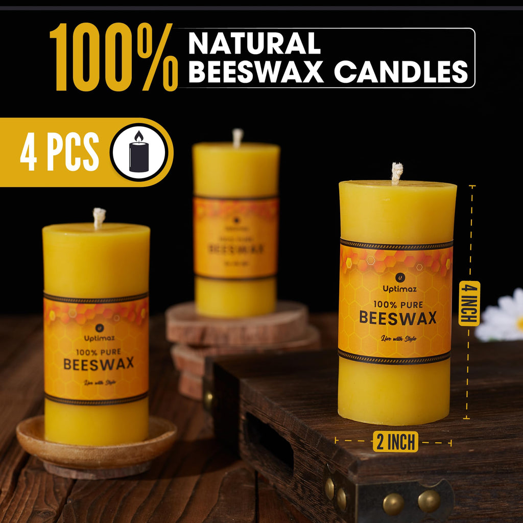 Uptimaz Beeswax Pillar Candles Set of 4, 2x4 Inch, 100% Beeswax Candle with Cotton Wick, Long Burning, Dripless Candle Bees Wax for Home, Décor, Prayer, Emergency
