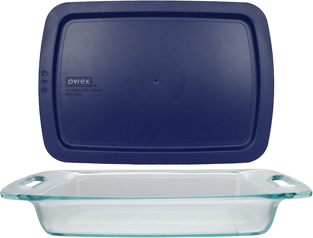 Pyrex 3qt Easy Grab Glass Baking Dish with Blue Lid | Durable & Made in USA