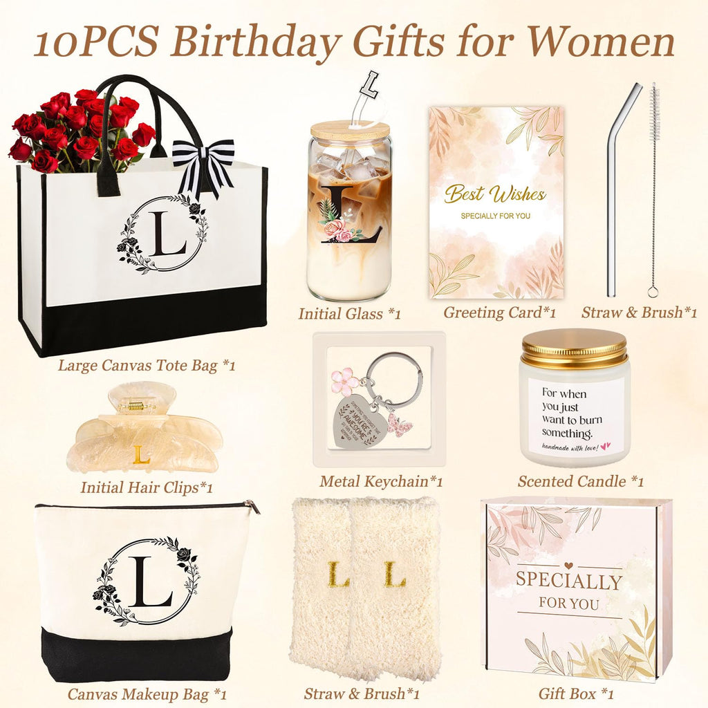 Birthday Gifts for Women, 10pcs Monogrammed Gifts for Women Initial Canvas Tote Bag, Makeup Bag, Glass Cup, Hair Clip, Candle Basket Birthday Personalized Gift for Her Woman Mom Wife Friend Teacher, L