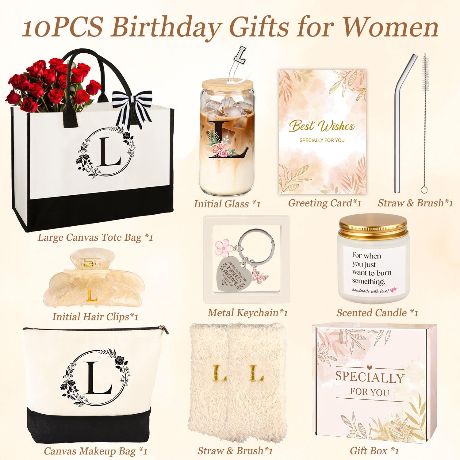 Birthday Gifts for Women, 10pcs Monogrammed Gifts for Women Initial Canvas Tote Bag, Makeup Bag, Glass Cup, Hair Clip, Candle Basket Birthday Personalized Gift for Her Woman Mom Wife Friend Teacher, L